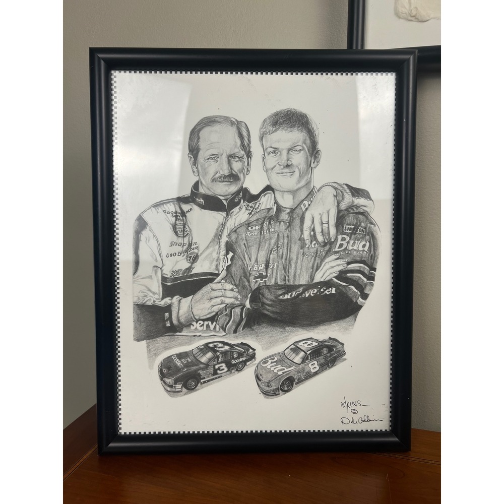 Dale Earnhardt Sr & Jr NASCAR Framed Pencil Sketch Print Art by Dale Adkins